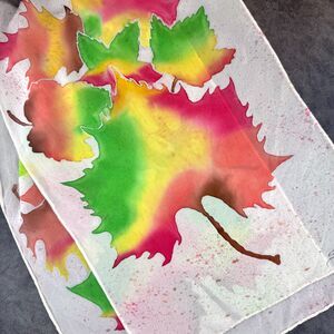 Pure Silk Scarf Artisan Hand-Painted Signed Fall Leaves Autumn 10.5 x 56